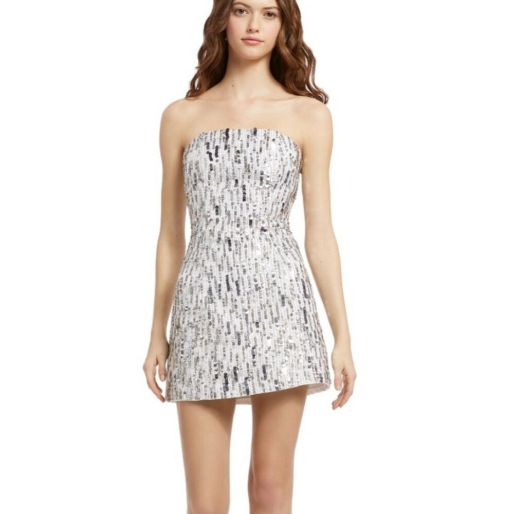 Alice & Olivia Matira Sequin Strapless Mini Dress in Silver